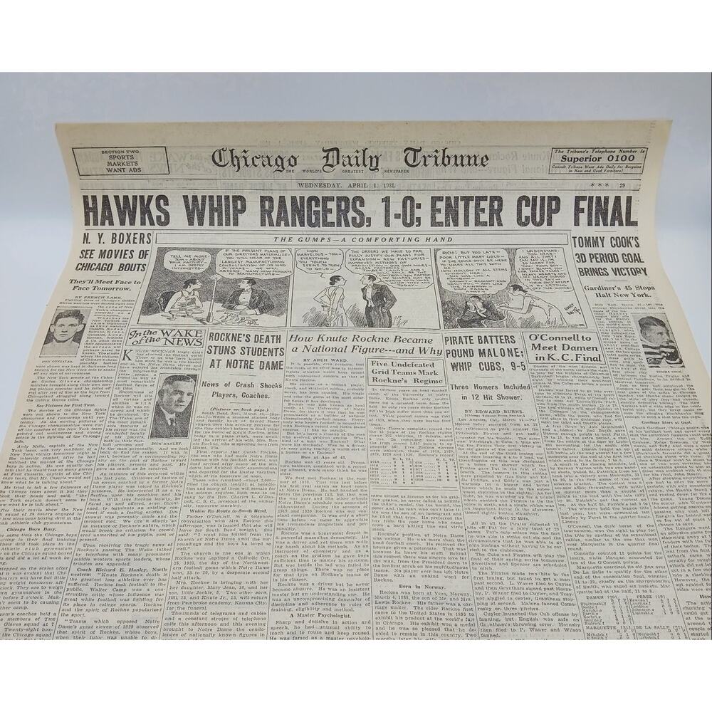 1931 Knute Rockne Death Hawks Whip Rangers Tommy Cook Chicago Newspaper Page